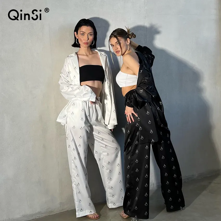 QINSI patrón pantalón Mujer ropa de dormir solapa de un solo pecho pijamas sueltos conjunto estampado manga larga pijama de diseño de invierno