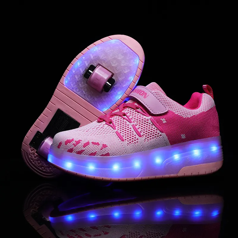 Tekerlekler ile ayakkabı erkek kız LED yanıp sönen ayakkabı 7 renk değiştirme USB şarj edilebilir çift tekerlek paten ayakkabı çocuklar kızlar için