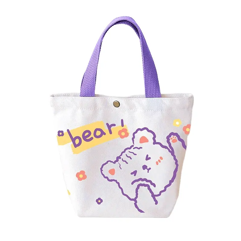 Sacola de compras pequena de estilo coreano para meninas, sacola de mão reutilizável de lona fresca, mini bolsa de mão desenhos animados feminina