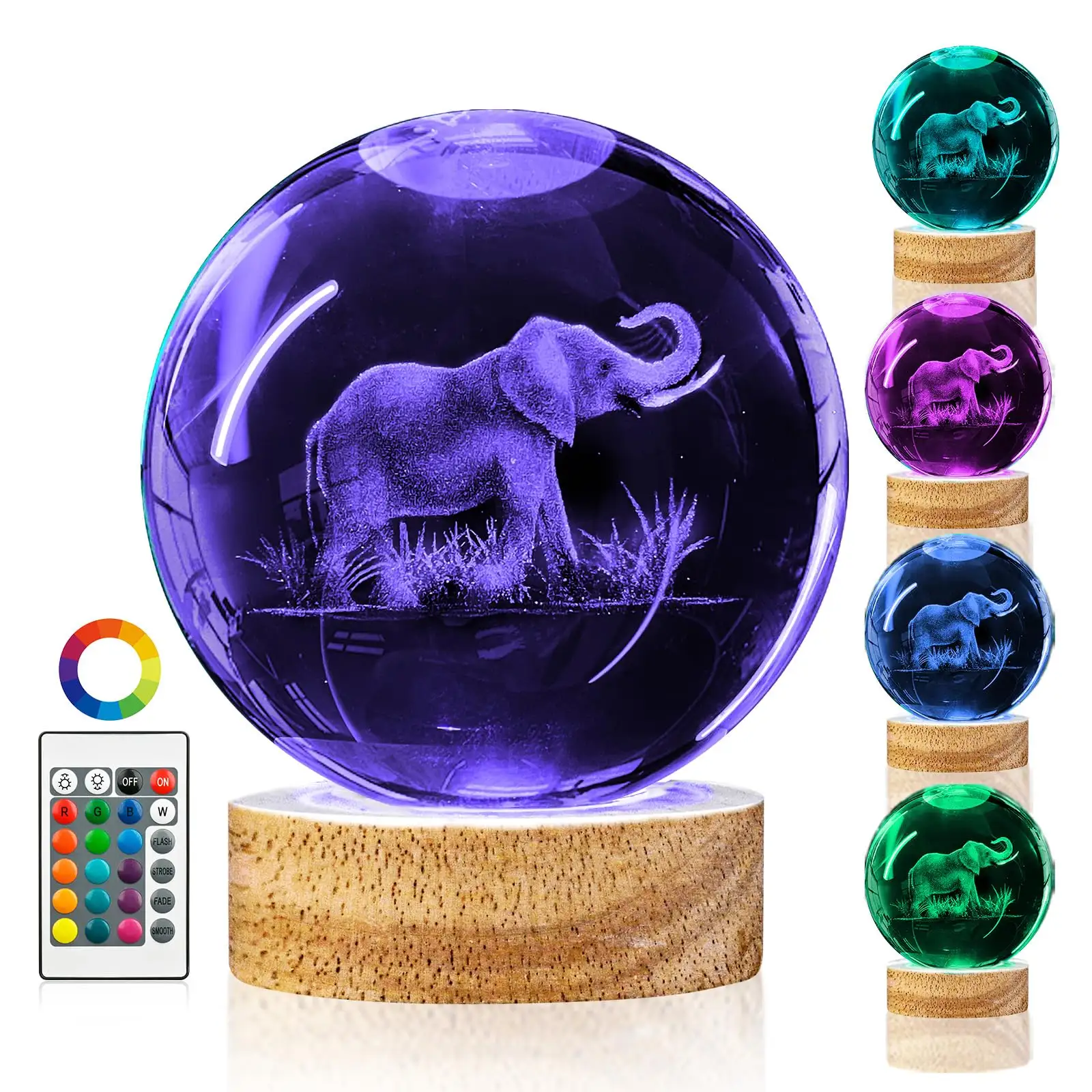 TSINYE 3D Elephant Crystal Ball Nachtlicht mit 16 Farben Holz LED-Basis Elephant Glass Ball Lampe mit Fernbedienung zum Geburtstag