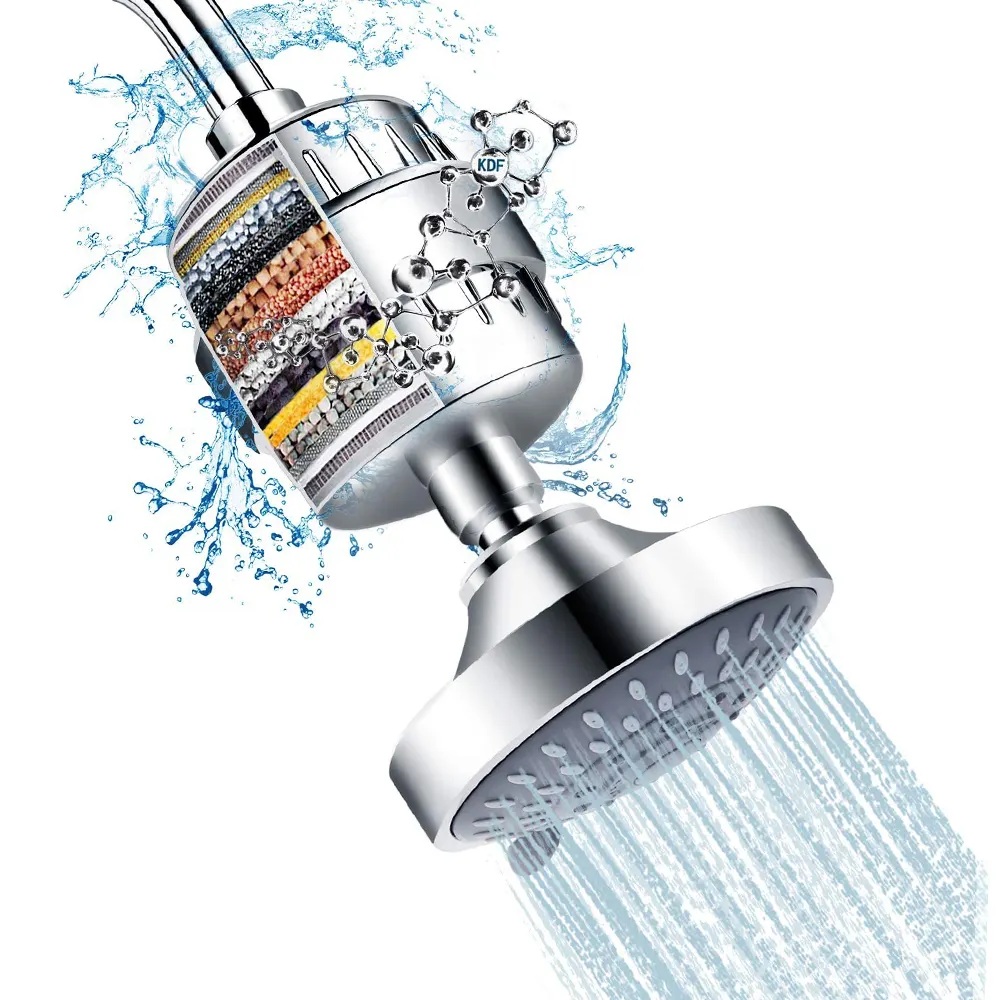 Shower Head 15 Stage Shower Filter Combo High Pressure 5 Spray Settings Filtered Showerhead with Water Softener Filter Cartridge