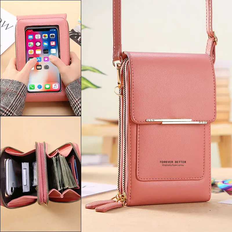 For iPhone 15 Case Lady Crossbody Leather Bag New Mobile Bag Women's Korean Fashion Touch Window Shoulder Bag Zipper Wallet
