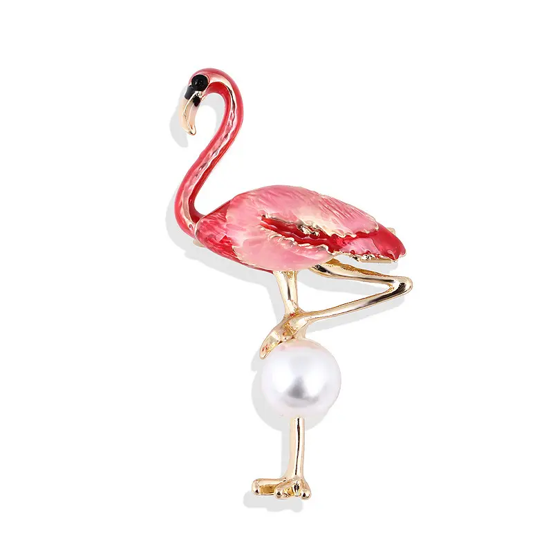 fashion hot lovely cute red enamel metal animal bird flamingo pearl brooch lapel pins for cloth dress decorations