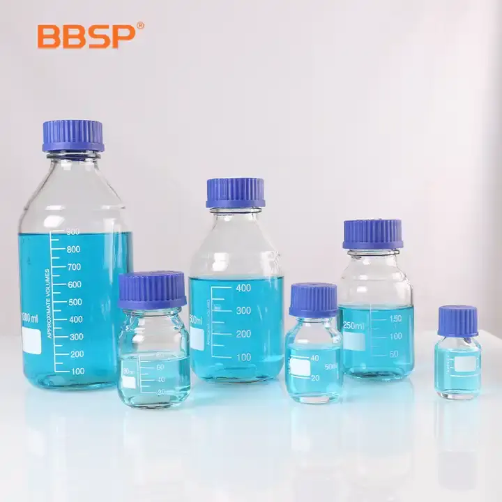زجاجة تعبئة كيميائية شفافة مدورة للمختبرات مع غطاء بلاستيكي