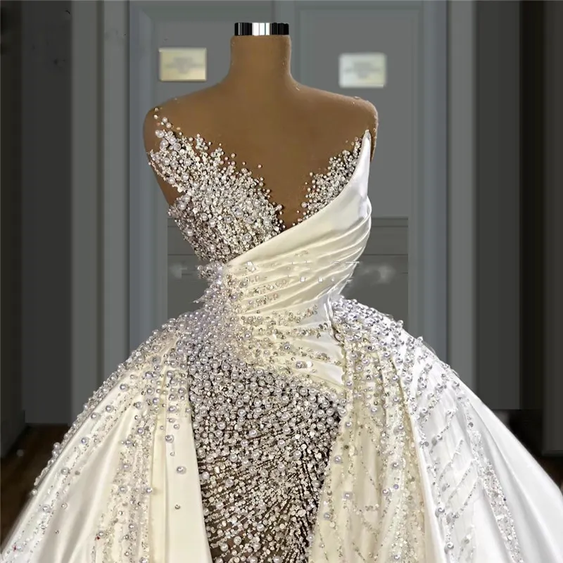 Perle abiti da sposa lunghi abiti da sposa di lusso due In uno con spalle scoperte abito da sposa personalizzato gonna rimovibile trasparente MW527