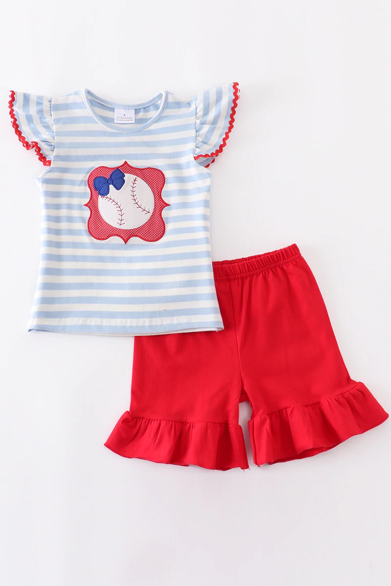 ชุดเซ็ตขาสั้นลายทางสีฟ้า ระบายสไตล์เบสบอล