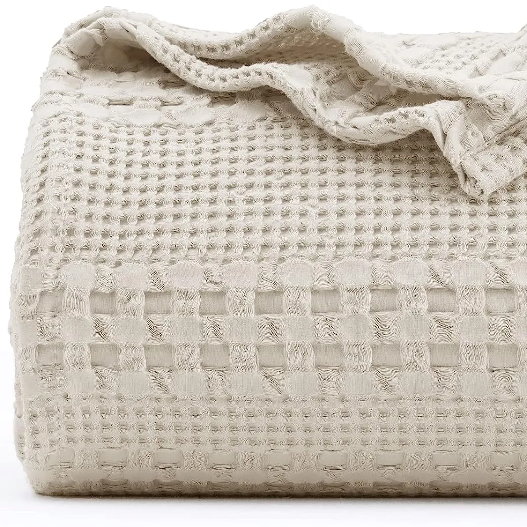 100% Cotton Waffle Weave Blanket Queen Size - Washed Soft Lightweight Blanket for All Season