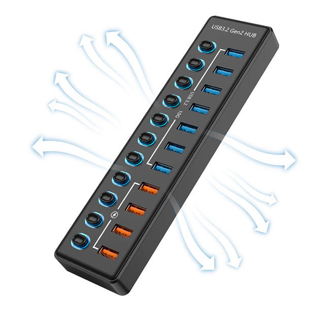 7 ports de données USB + 4 ports de charge rapide Câble de 0,3 m avec 12 V 4 A