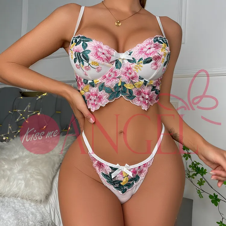 Conjunto de braguitas y sujetador con bordado floral para chica, ropa con cuello profundo, decoración romántica