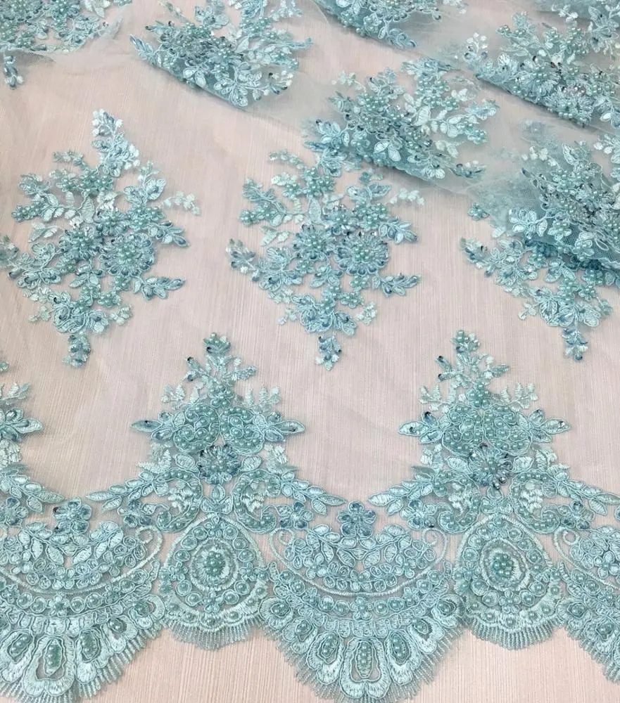 blue embroidery beaded lace fabric / high quality hand embroidery designs heavy beaded lace fabric for party women dresses