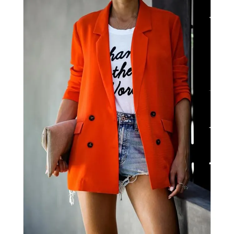 Minimalist Pure Color Long Sleeve Pockets Women Ladies Blazer Femme