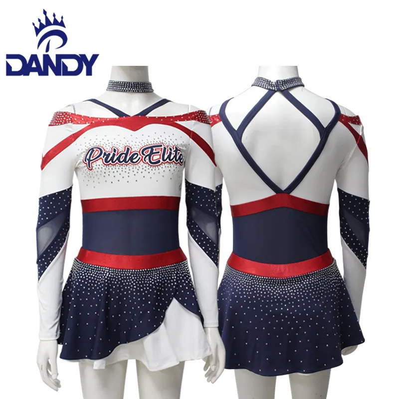 Dandy personalizado púrpura mujer rhinestone transferencia animadora uniforme sexy animadora traje de baile animadora uniformes