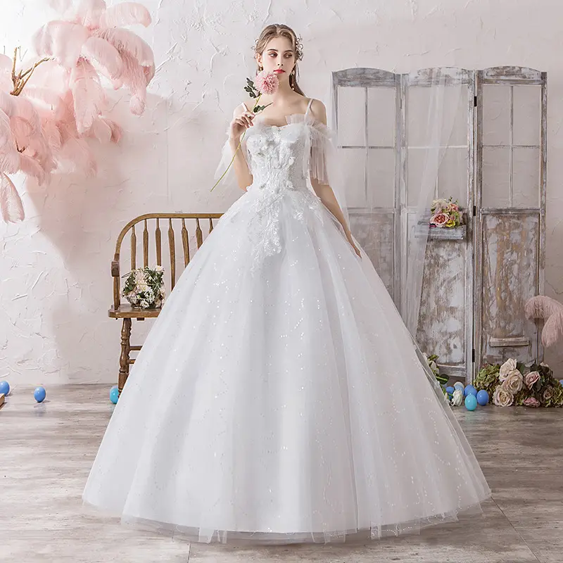 Off Shoulder Flare Sleeve Lace Embroidered 3D Flower Bridal Floor Length Ball Gowns Plus Size Wedding Dress