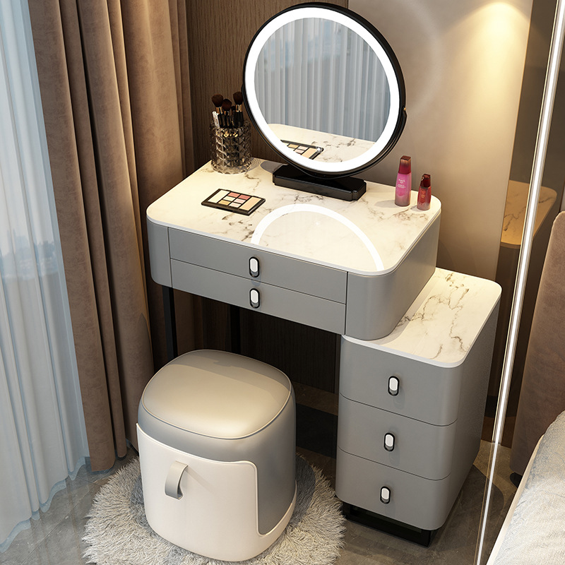 Table noire et grise 06m, meuble de rangement intelligent avec miroir et tabouret.