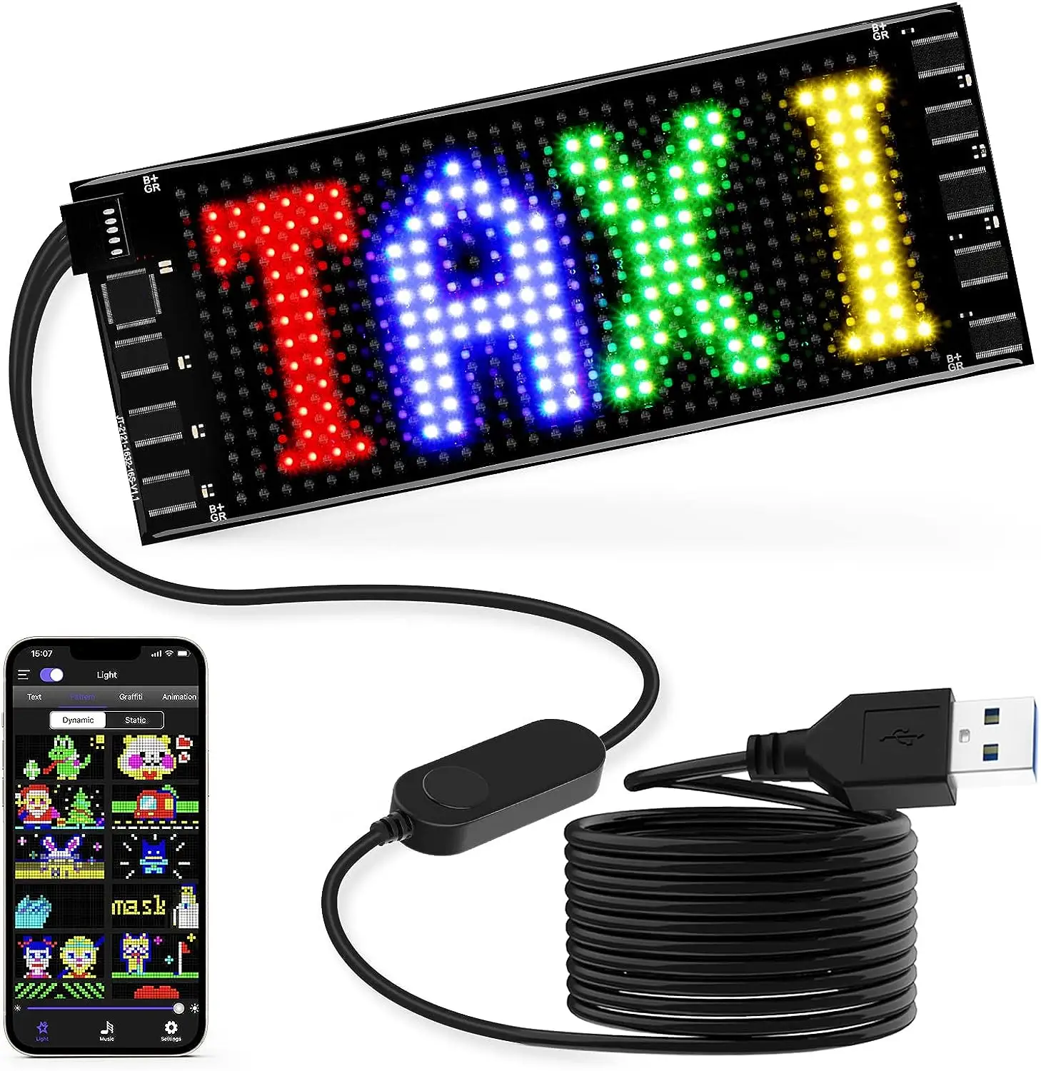 GOTUS Panneau flexible lumineux à LED, signalisation publicitaire LED animée et programmable pour taxis, contrôlée par une application Bluetooth