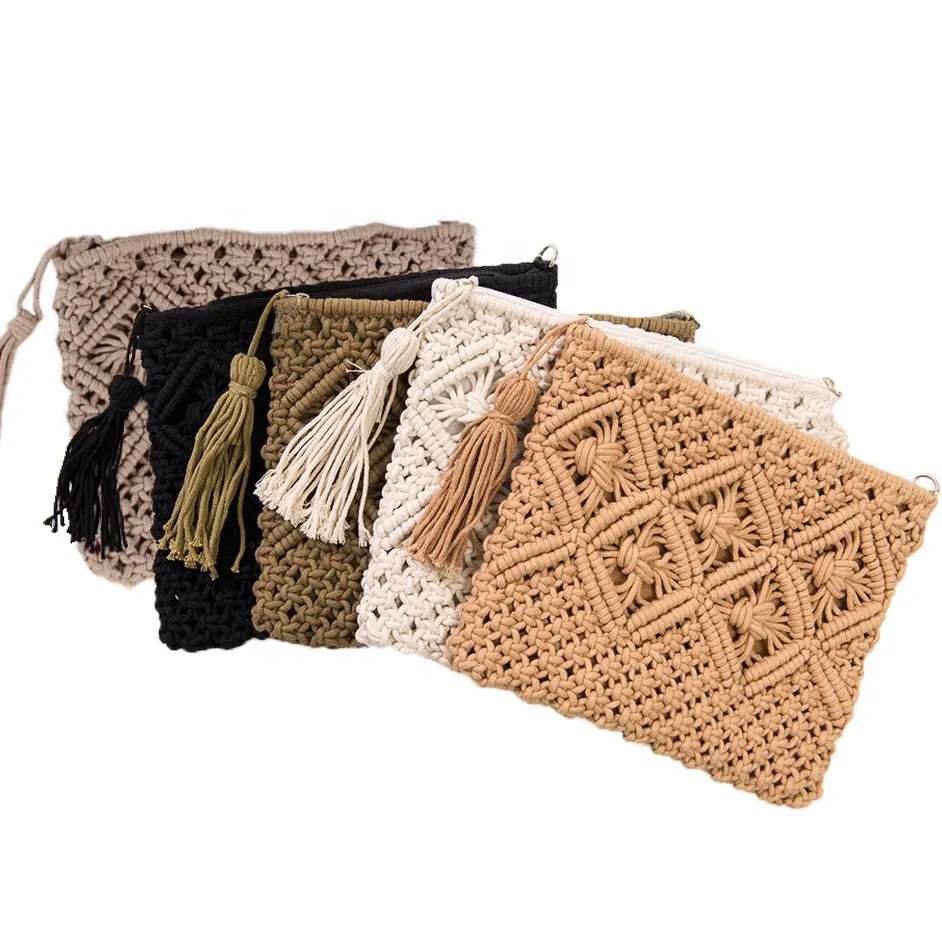 Popolare luce peso fatti a mano corda di cotone donne alla moda singolo sacchetto di spalla borse nappe crochet Macrame Borsa di Paglia