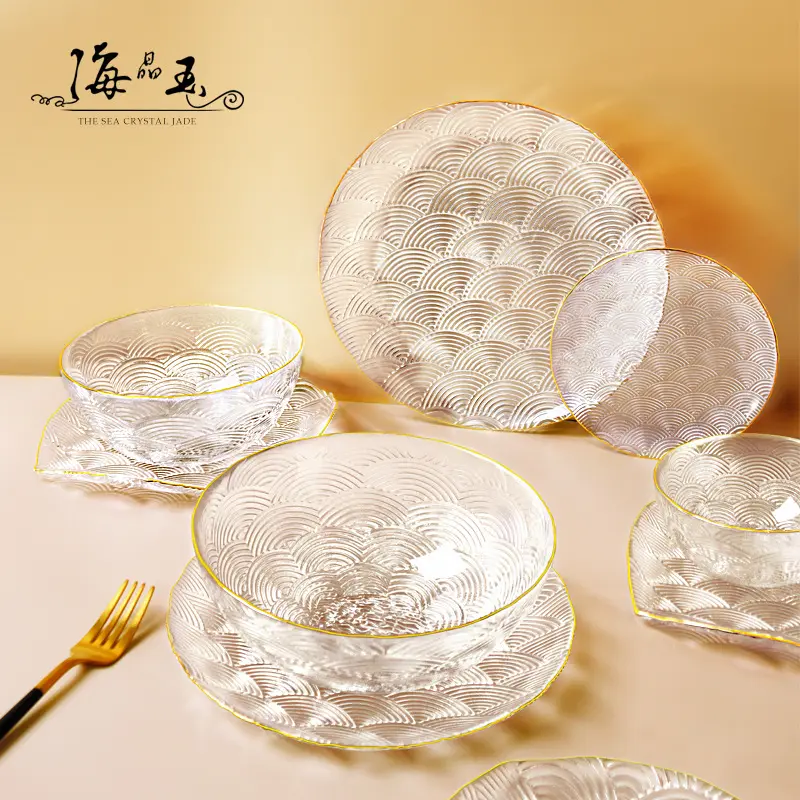 Commercio all'ingrosso cinese set di stoviglie per uso domestico piatti in vetro trasparente rotondo ciotola da portata in vetro con piastra