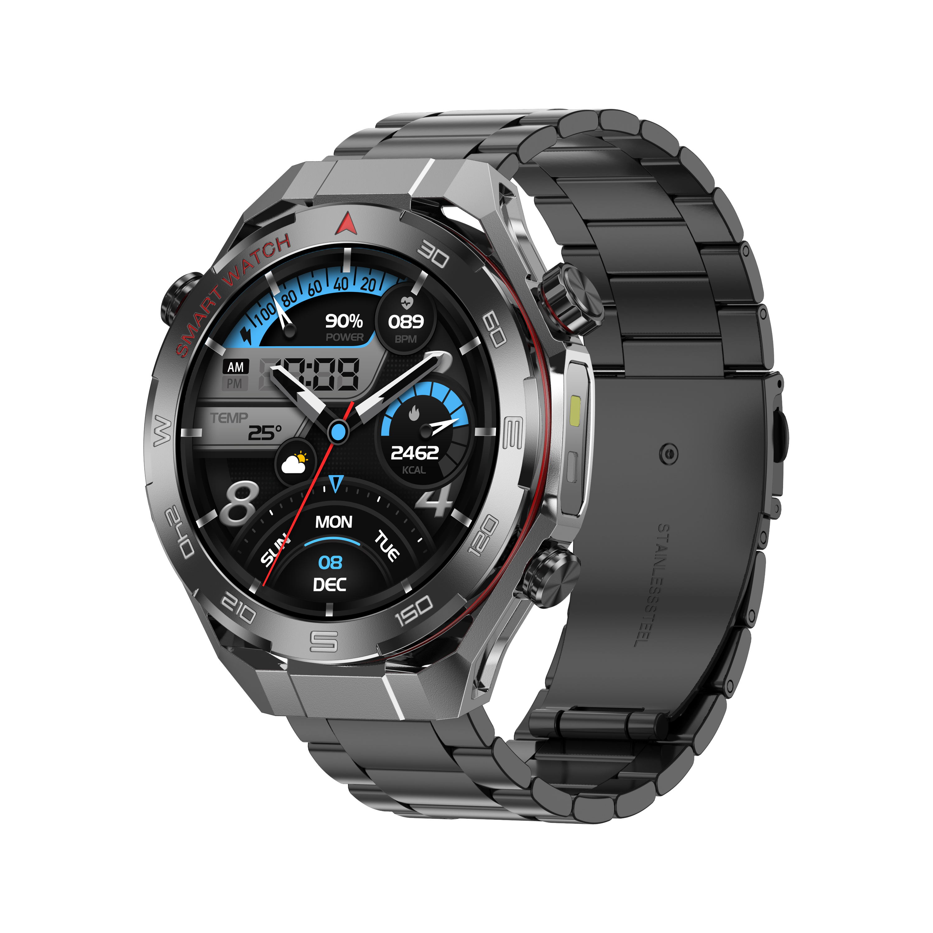 Boîtier argenté + bracelet en acier inoxydable noir