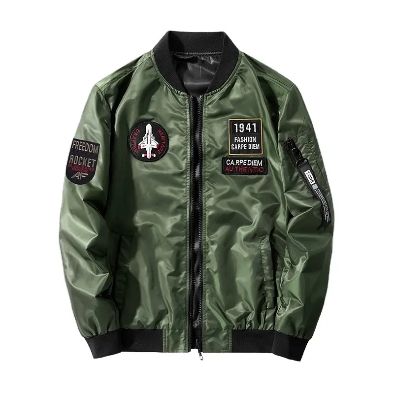Chaqueta bomber de estilo americano personalizada para hombres y adultos, chaqueta deportiva con apliques bordados, color verde militar, con logotipo de retales