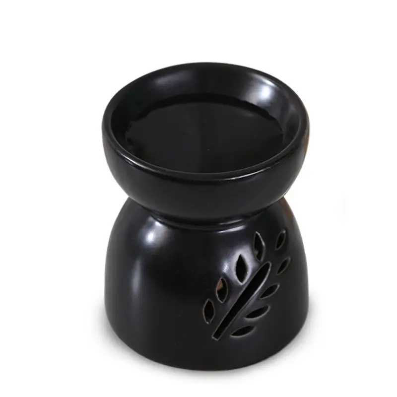 Quemador de aceite esencial de cerámica para decoración del hogar, soporte para luz de té, calentador de cera derretida de hoja negra para aromaterapia
