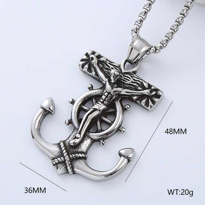 Kalung liontin baja titanium antik jangkar tengkorak pesona salib baja tahan karat Karibia bajak laut Punk Pria