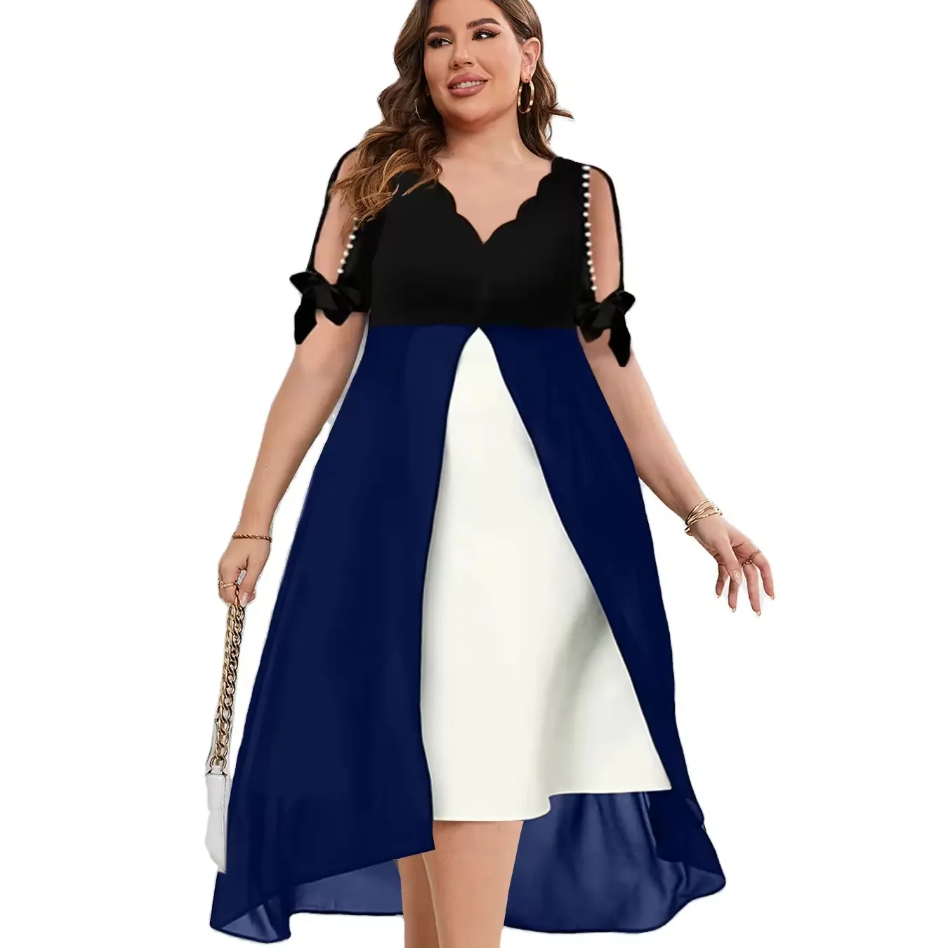 Women Summer Clothing Plus Size V Neck Patchwork Dress Turkish African Women's Office Formal Business Dresses