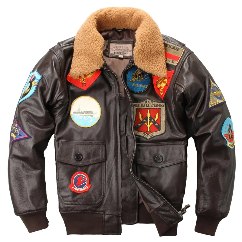 Chaqueta Bomber de cuero con cuello de lana para hombre, chaqueta de invierno con parches bordados personalizados, diseño de cremallera, 2022