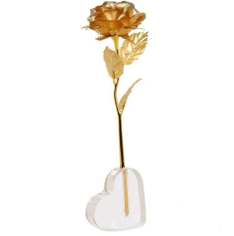 एकल सोने गुलाब का फूल फूलदान पारदर्शी आधार के साथ होटल के कमरे शादी की पार्टी दिल के आकार एक्रिलिक गुलाब प्रदर्शन खड़े हो जाओ