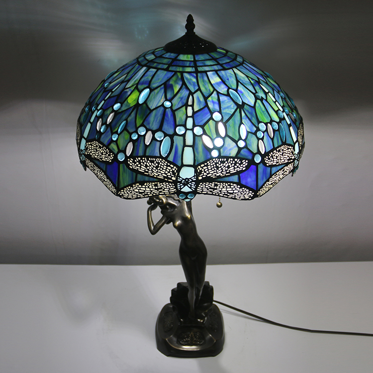 LongHuiJing Retro Dragonfly Stained Glass Table Lamp 16Inch 2Heads Pull-Chain Night Stand Light with Women Sculpture