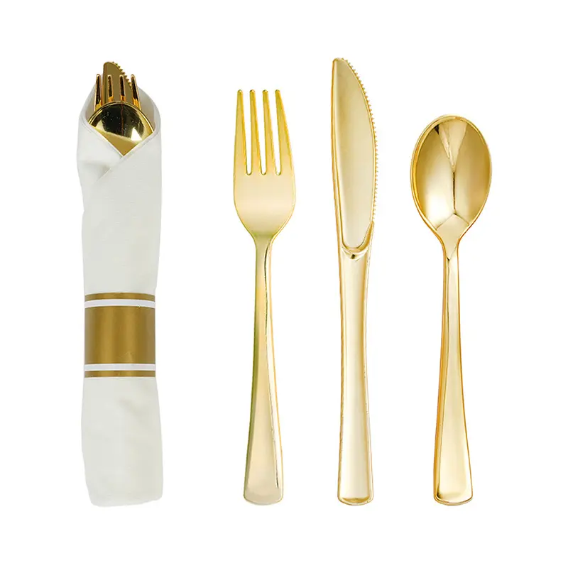 Atacado plástico faca garfo colher descartável guardanapo laminado e ouro talheres conjunto para festa de casamento