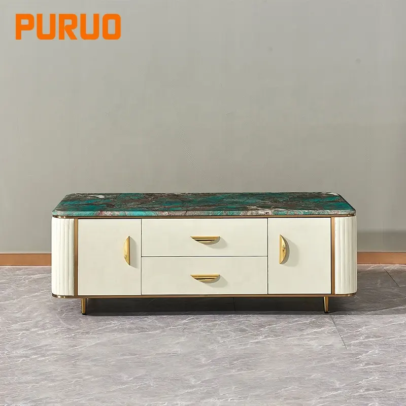 PURUO-mesa de centro de cuero PU para sala de estar, patas cuadradas de Metal, superior de mármol, de lujo