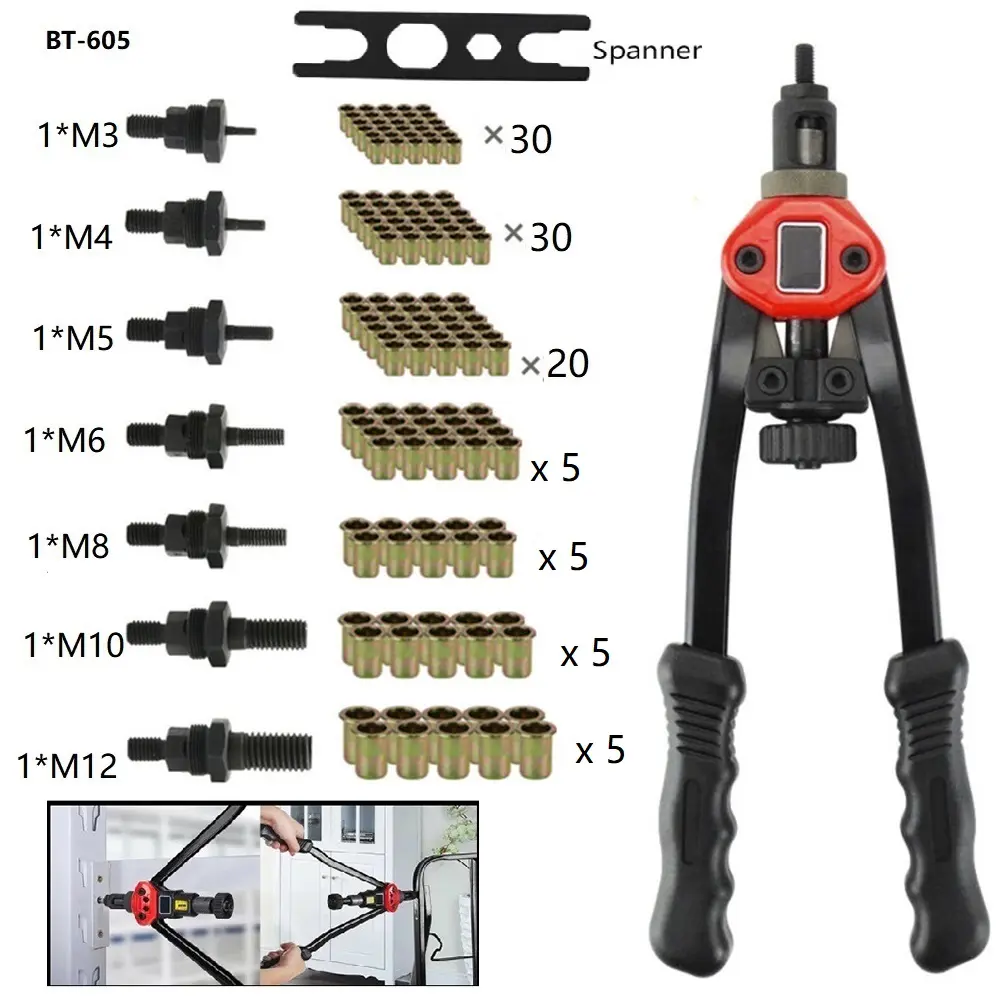 BT-605 100pcs Noix Ensembles Mandrin M3 - M12 Riveteuse Guns Rivet Écrou Outil Main Rivetage Aveugle Outils