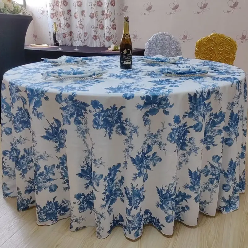 Nappe de mariage ronde en toile florale bleue imprimée en bloc de 120 pouces en polyester de luxe pour salle à manger de fête de mariage