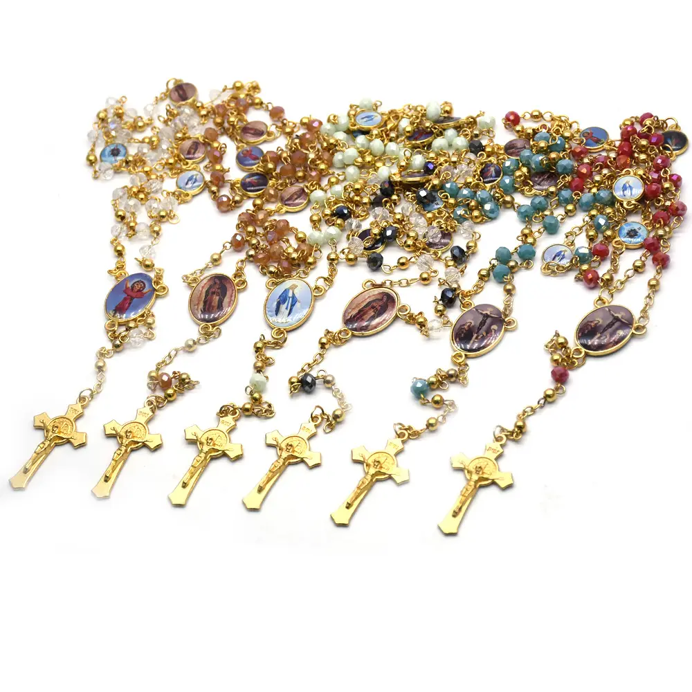 2023 plaqué or perles en acier inoxydable chaîne collier religieux chrétien chapelet jésus croix pendentif collier