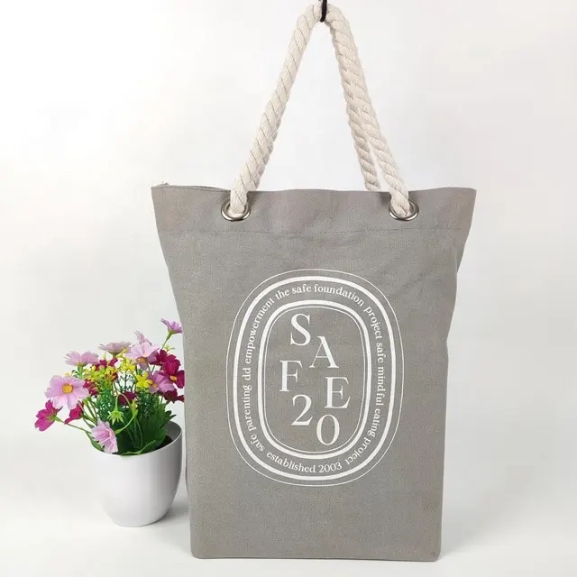 Borsa per la spesa in tela di cotone con stampa personalizzata Weekender Beach Canvas Shopping Canvas Tote Bag personalizzata con manico in corda