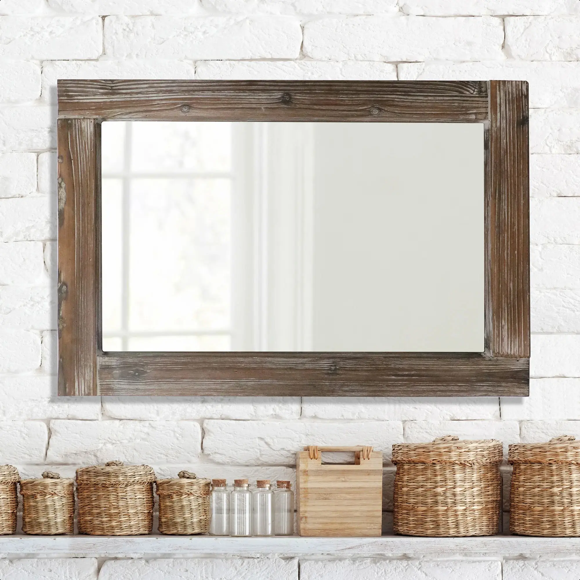 Espejos de pared grandes modernos, espiga antigua, rústico, madera maciza de nogal, enmarcado, espejo de tocador de 93*62 cm