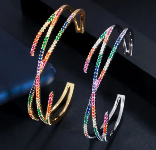 Europäisches Luxus verstellbares geometrisches Kreuz armband in Regenbogen farbe für geschnittenen Zirkon schmuck