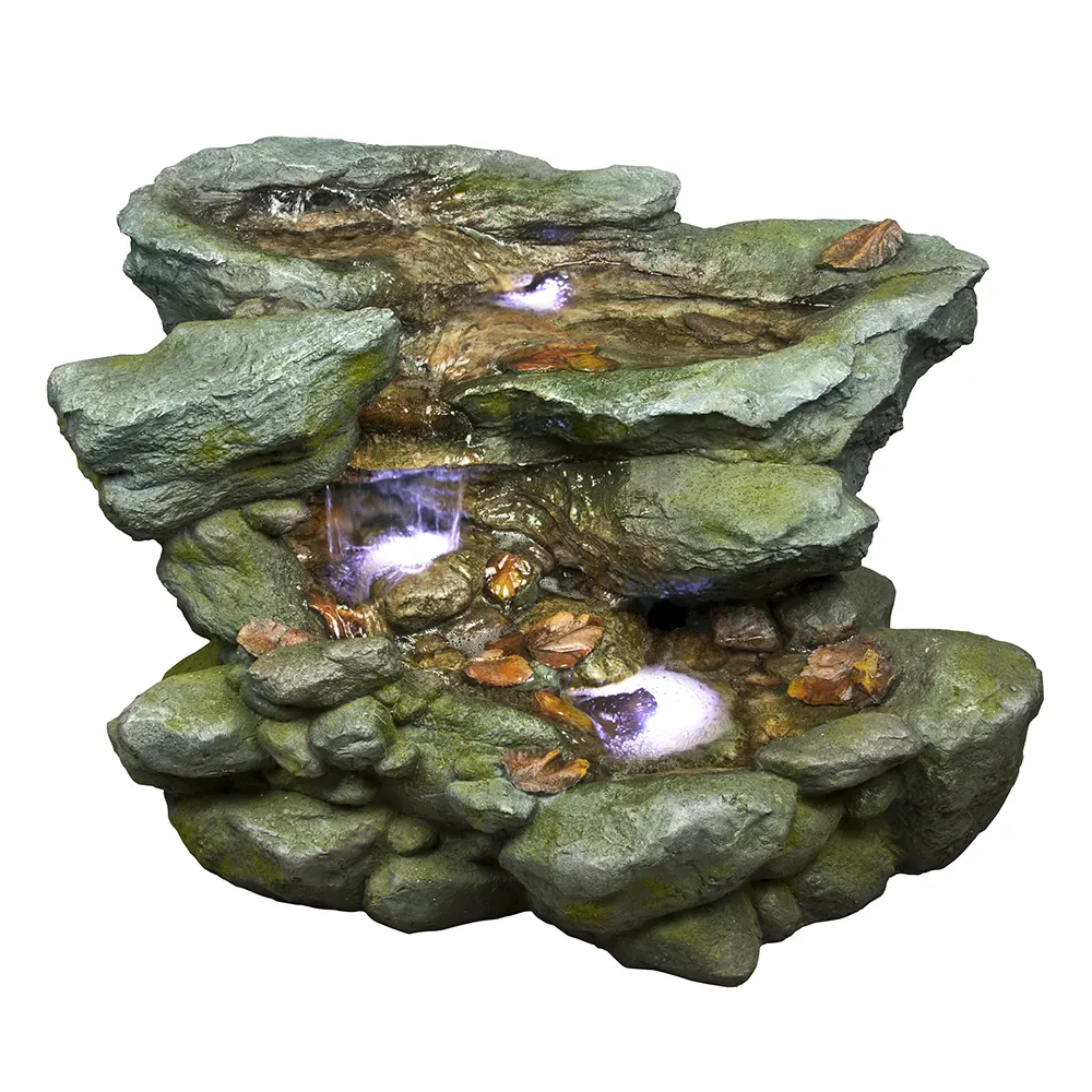 Fuente de jardín Fuente ornamental Roca y piedra para interiores y exteriores con cascadas Fuentes de agua con aspecto de piedra de poliresina