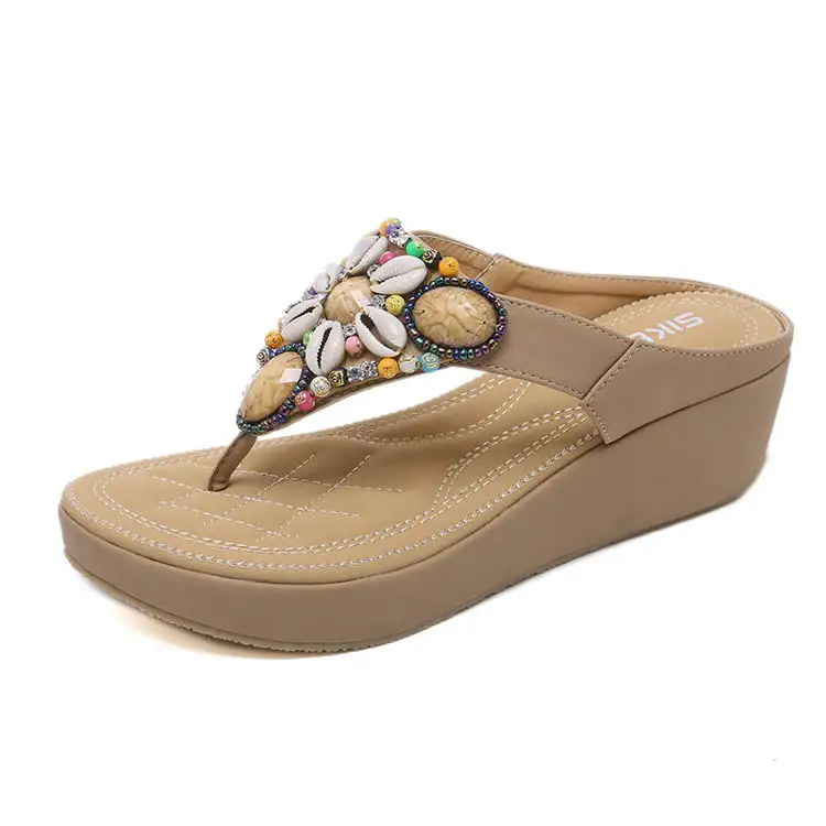 Sandales de plage d'été pour femmes, talons compensés, fleur perlée, strass, plateforme, tongs, sandales compensées, vente en gros