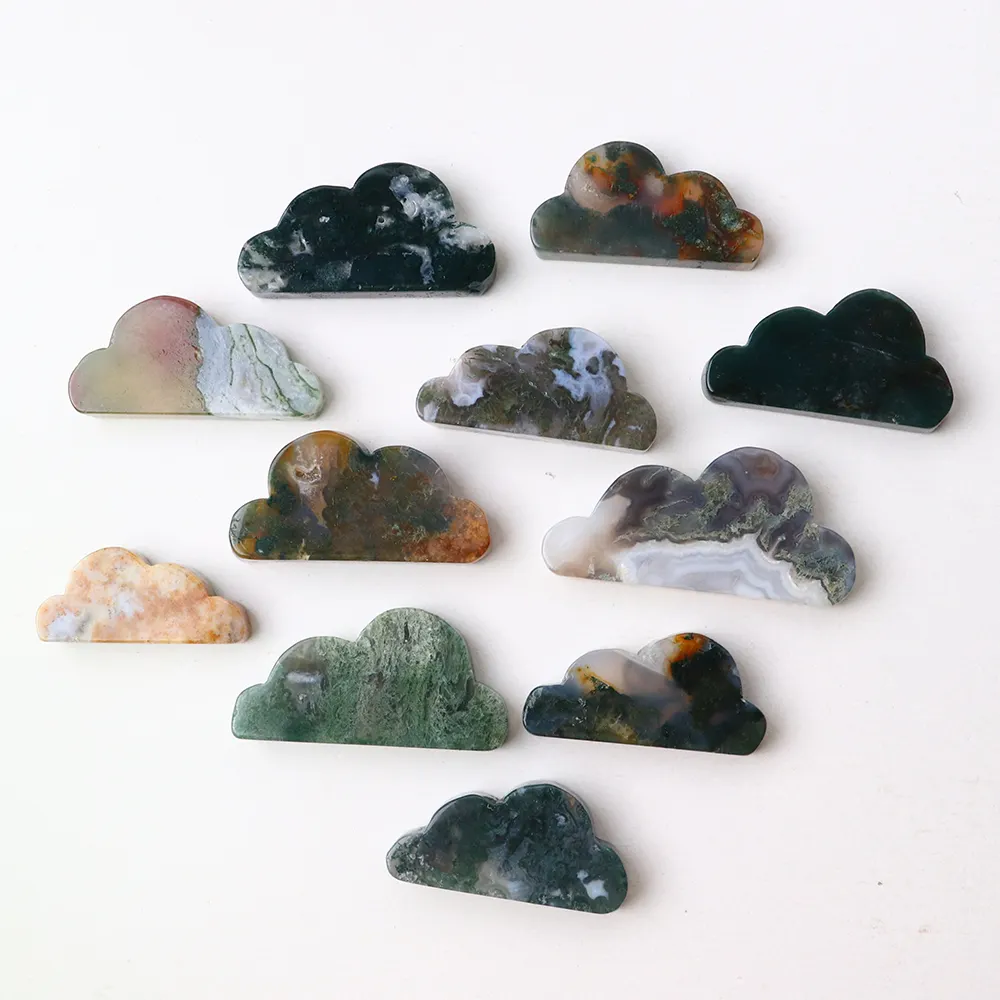 Wholesale natural green moss agate hand carving clouds crystal stones decorative folk crafts