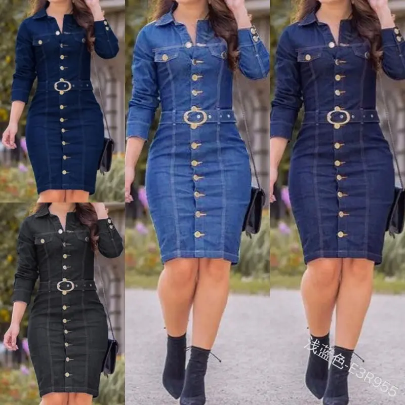 Offre Spéciale printemps automne femmes robes décontractées boutonné ceinturé à manches longues moulante genou longueur robe en jean