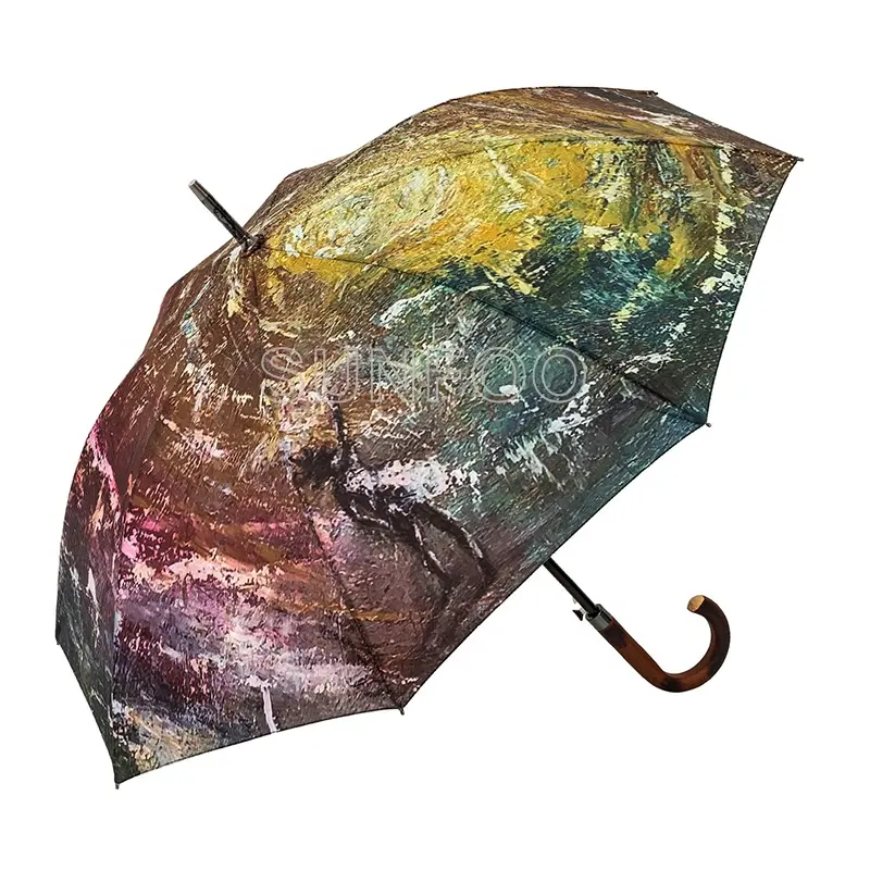 Paraguas a prueba de viento automático con impresión de artista personalizado vintage de lujo con mango de madera