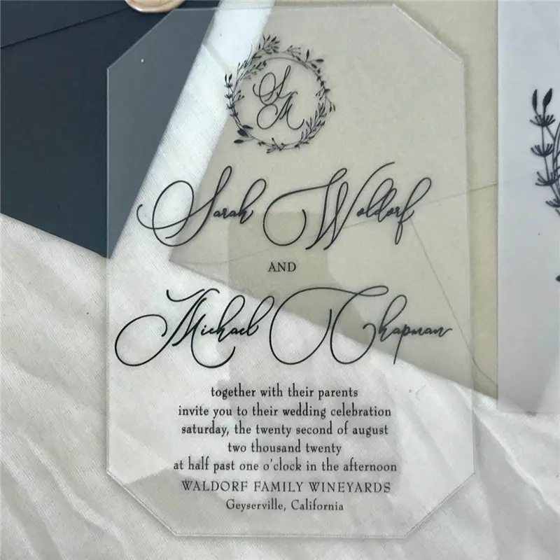 Venda quente muçulmano personalizado claro acrílico casamento convite cartões com envelopes