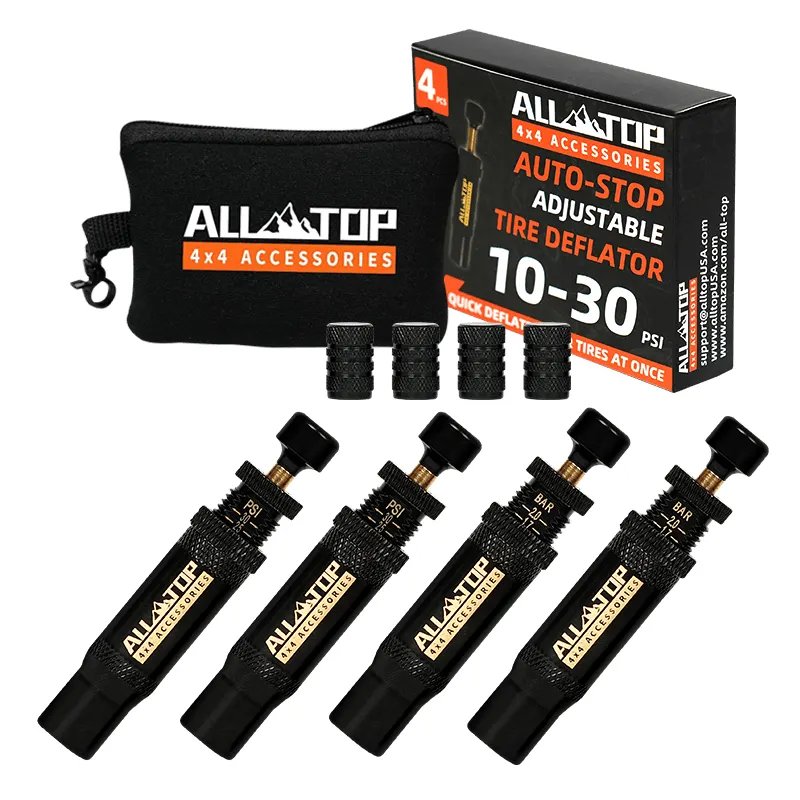 Kit de válvula desinfladora de neumáticos de parada automática ajustable ALL-TOP (10-30 PSI) 4 PCS Medidor de neumáticos atornillable