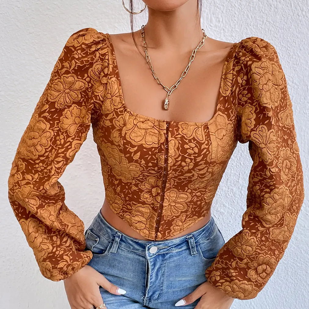 Hot-venda cetim Jacquard Retro Breasted Backless colete de mangas compridas das mulheres Top