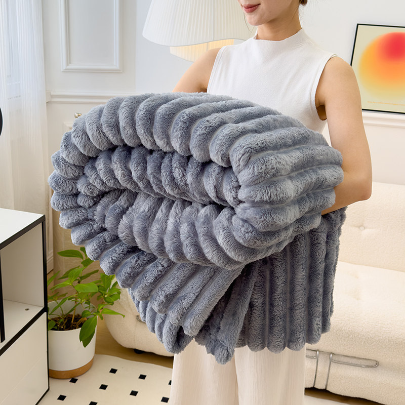 high-weight rabbit fur plush-light gray blanket