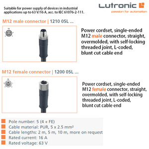 Actuator Sensor Cordset with Overmolded Circular Connector:M12 Female Straight L-coded, 4/5 Pole IP67 PUR 2m, 1200 05L 332 2m - Product Image 5