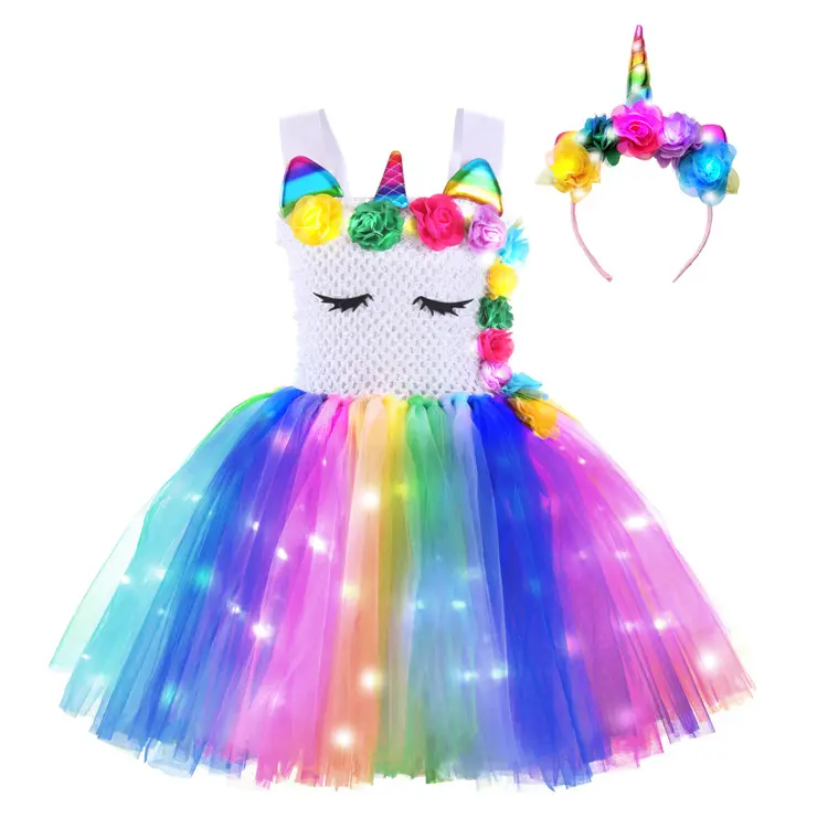 Vestido tutu de princesa, vestido fantasia para crianças adolescentes de halloween natal meninas festa de aniversário vestido com luz de led unicórnio para crianças