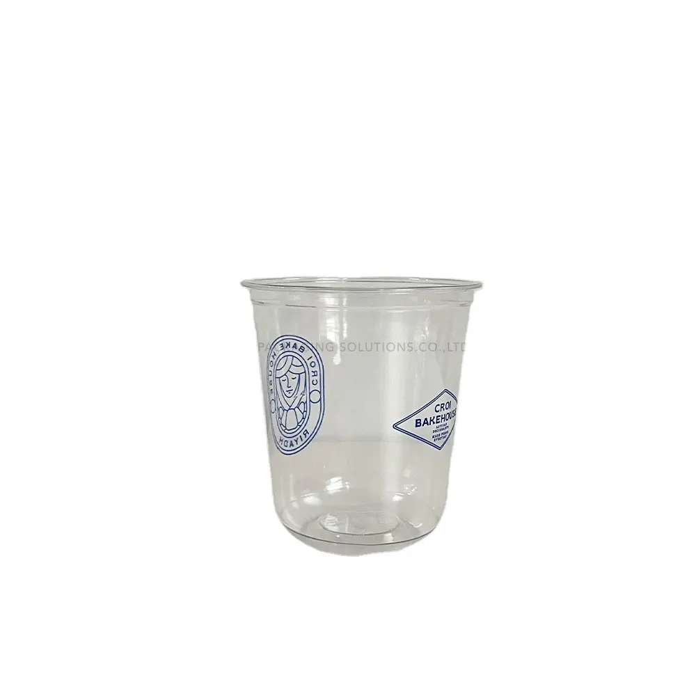 Taza de plástico PET en forma de U con logotipo azul celeste de estilo italiano personalizado de 400ml con tapa de sorbedor para café frío, té helado, Boba