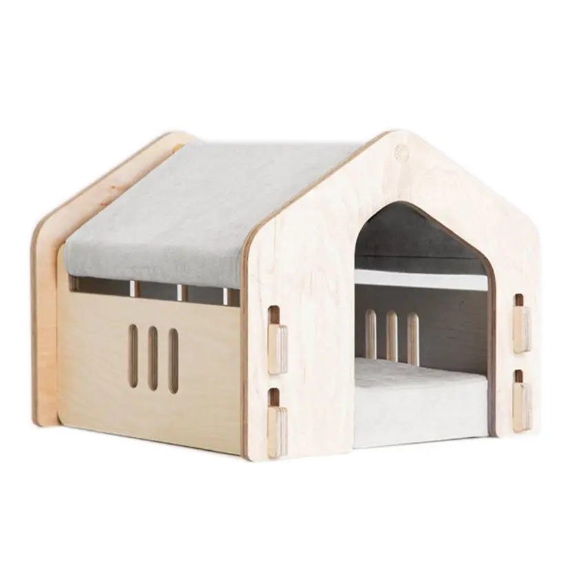 小型犬と猫のためのマットレスかわいいペットベッド付き木製屋内ペットハウス